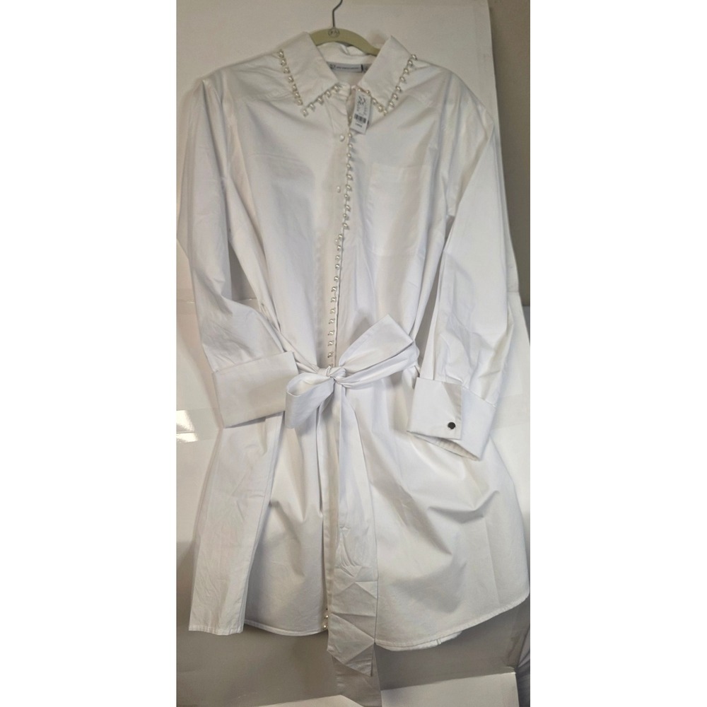 New York & Company White Pearl Embellished Belted Shirt Dress Women's Large NWT